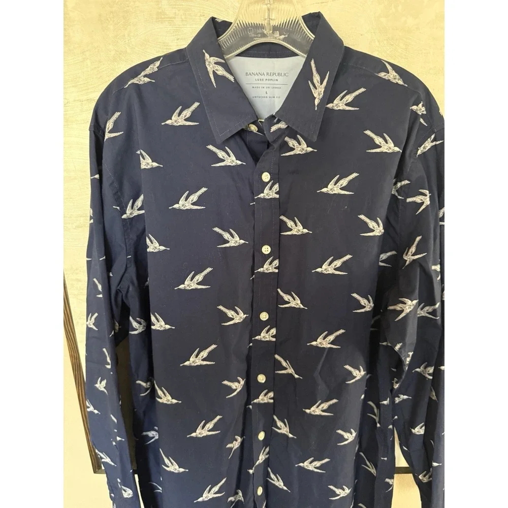 Banana Republic Mens Luxe Poplin Untucked Slim Fit Bird‎ Print Blue Shirt Large
